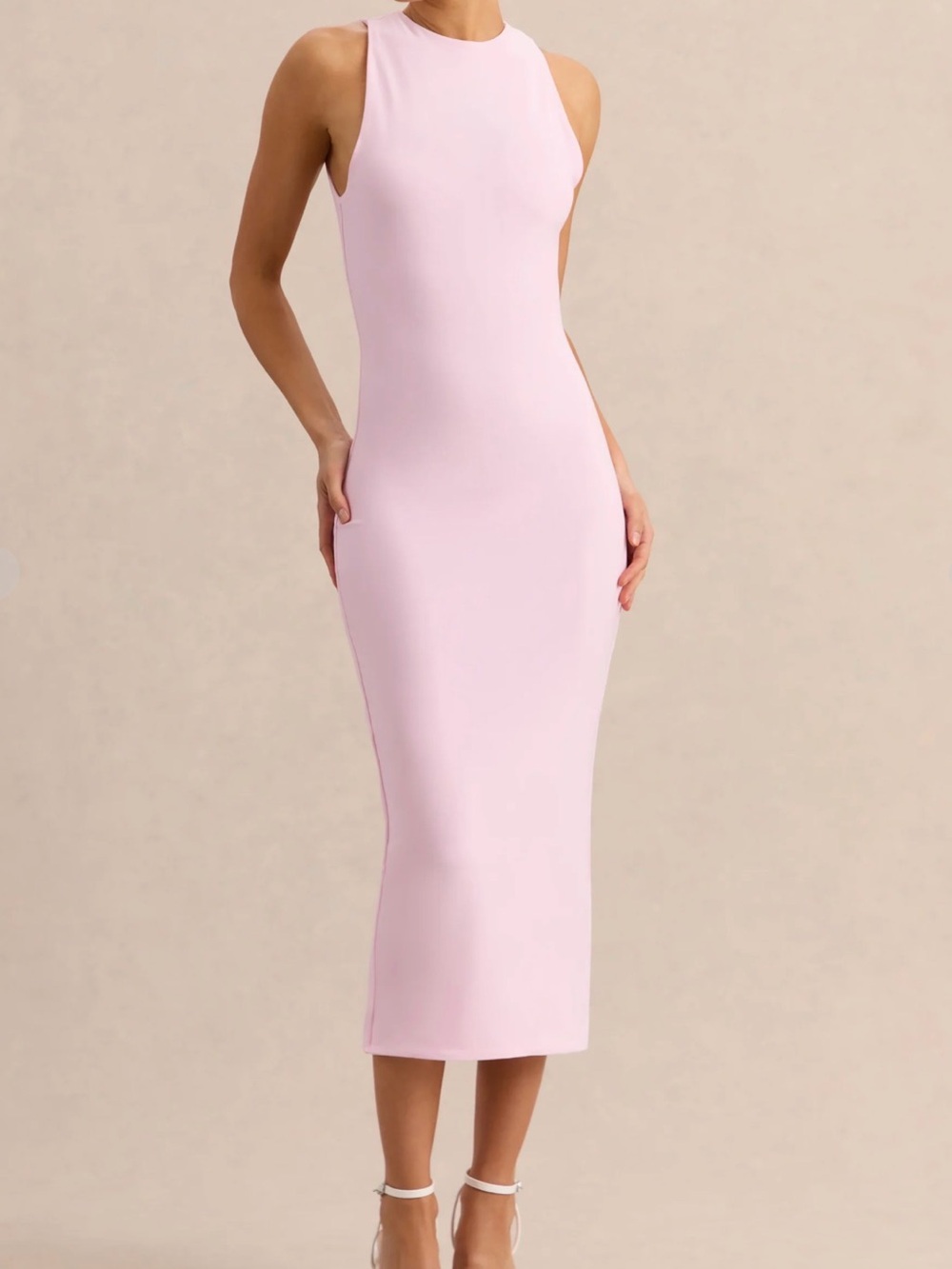Light Pink High Neck Sleeveless Midi Dress with Cape